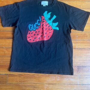 Gucci Black Tee with Red and Green Strawberry Design
